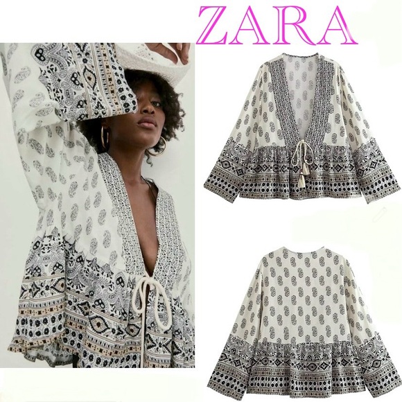 Zara Tops - ZARA Linen paisley boho blouse ivory size S